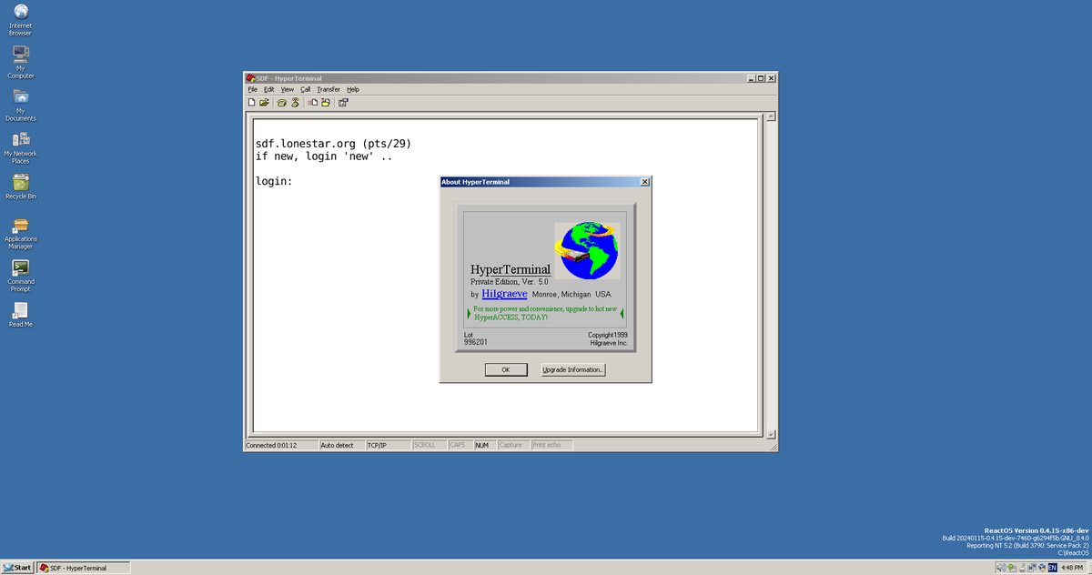 Nergahak2's tweet image. HyperTerminal 5.0 in ReactOS.

#HyperTerminal #ReactOS