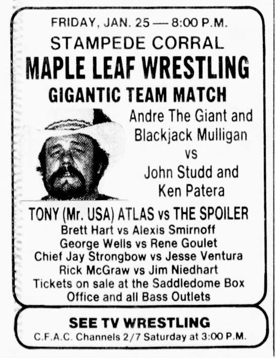 WWFWrestling1's tweet photo. On this day in 1985: Maple Leaf Wrestling! #WWF #WWE #Wrestling #BlackjackMulligan #AndretheGiant #JohnStudd #KenPatera https://t.co/MEa8GwwNBY