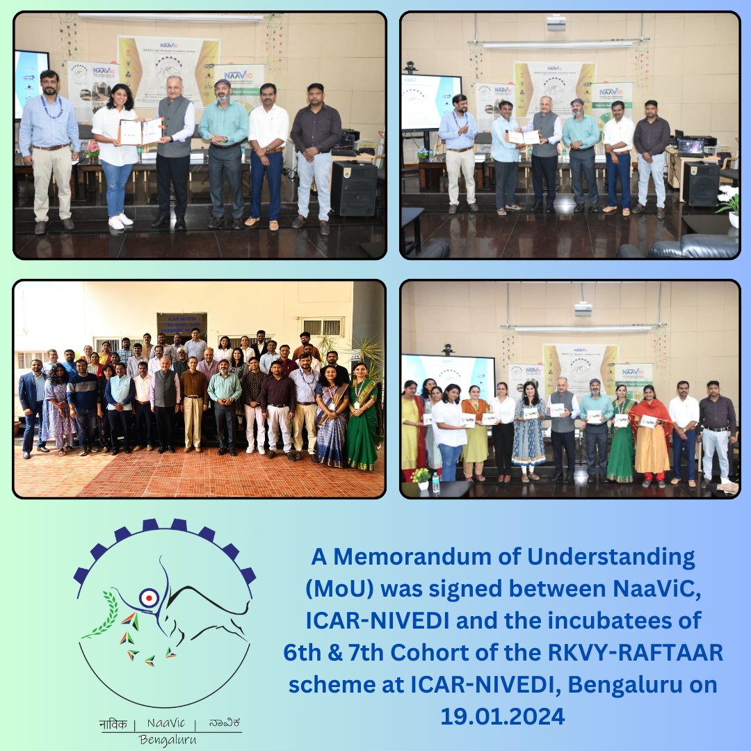 A Memorandum of Understanding (MoU) was signed between NaaViC, ICAR-NIVEDI and the incubatees of the 6th &amp; 7th Cohort of the RKVY-RAFTAAR scheme and released the calendar of NaaViC at ICAR-NIVEDI, Bengaluru on 19.01.2024.
#mou #startupcollaboration #rkvyraftaar #entrepreneurs