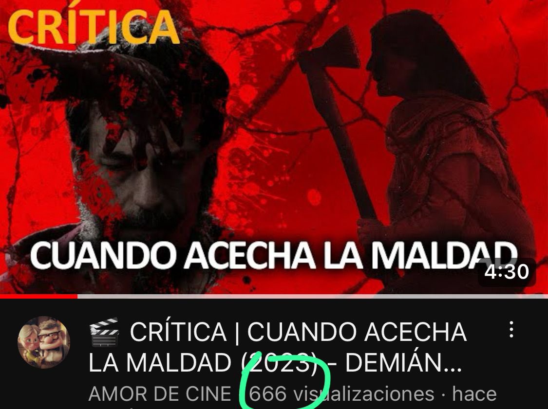 De vosotros depende.

Mi videocrítica de esta semana en @Amor_De_Cine sobre #CuandoAcechaLaMaldad acumula 666 visualizaciones.

Nunca ha sido más fácil combatir a los embichados, poseídos y endemoniados que aumentando ese número para alejarlo del Diablo.

youtu.be/Qc5Lv-69zrs?si…