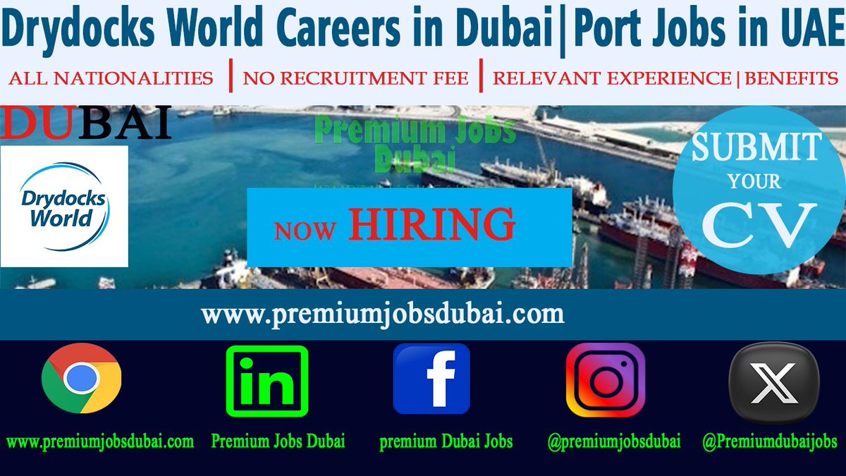 Dry Docks World Dubai is Hiring 
✅Salary: Handsome Salary 1400 – 6000 AED /month
 premiumjobsdubai.com/2023/10/dry-do…

#shipping #shippingsolutions #shippingcontainers #shippingindustry #shippingservices #shippinglogistics #shippingjobs #shippingcompany 
#drydock #jobsindubai