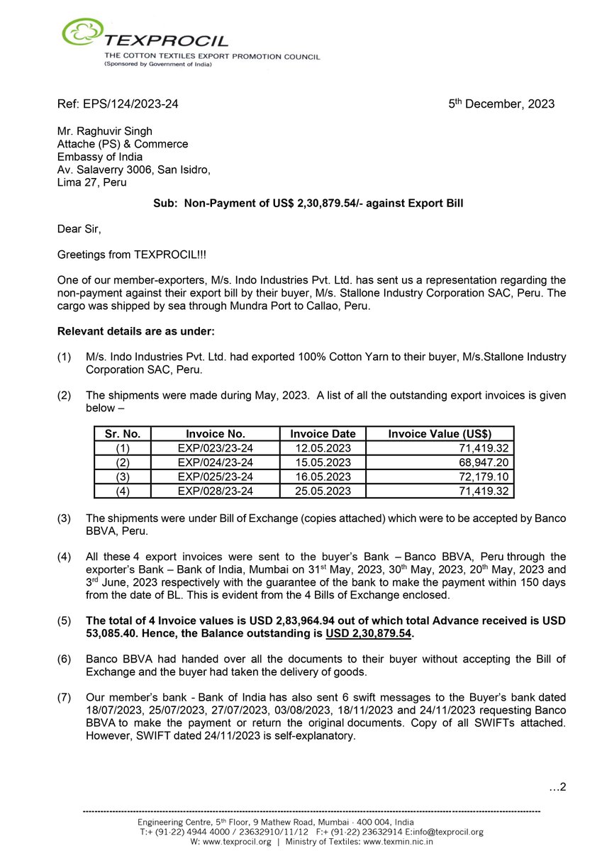 indo_inds's tweet photo. @PMOIndia  We have been defrauded of $ 2,30,879.54 by the Peruvian Bank –BANCO BBVA PERU in connivance with M\s Stallone Industry Corporation (customer). It has been communicated to Mr. Vishvas Sapkal Ambassador in Peru through Texprocil on 5th Dec, 23 but there was no response. https://t.co/eAsBxEbFi3