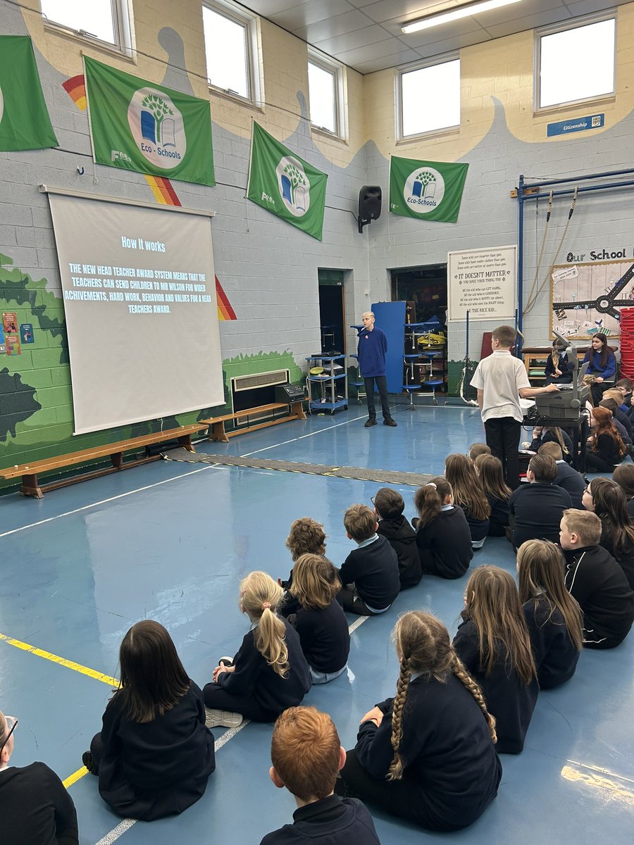 SpringsidePS's tweet photo. It’s all happening at Springside PS. Our House and Vice captains have been organising new ways to celebrate and record wider achievements and Head Teacher awards. They presented these ideas to the pupils at assembly! It was a high success! #childrenleadinglearning @NAC_Education https://t.co/cpW9AhYttU