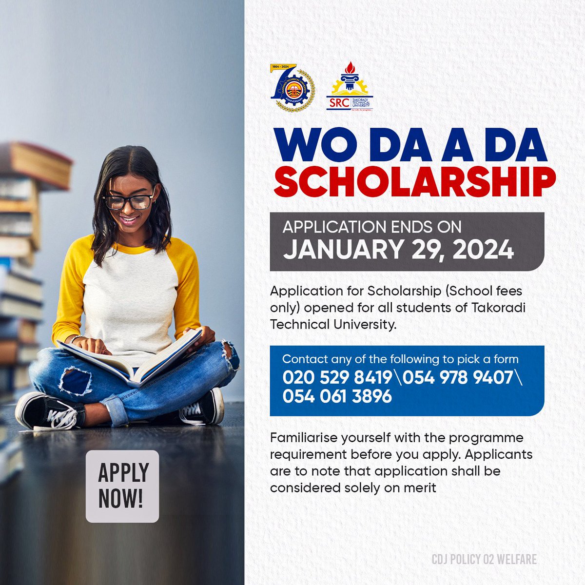 ttusrc_'s tweet photo. Good news TTU. The SRC Wo Da a Da  Scholarship has been opened for application.  

𝗔𝗣𝗣𝗟𝗬 𝗡𝗢𝗪! All completed forms must be submitted to the SRC Office on/before January 29, 2024. 
#WoDaaDa #TTUSRC https://t.co/D9jb3aT6EM
