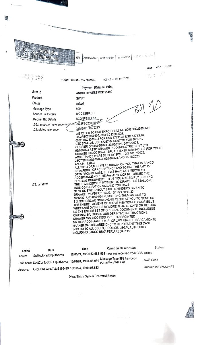 indo_inds's tweet photo. @PMOIndia  We have been defrauded of $ 2,30,879.54 by the Peruvian Bank –BANCO BBVA PERU in connivance with M\s Stallone Industry Corporation (customer). It has been communicated to Mr. Vishvas Sapkal Ambassador in Peru through Texprocil on 5th Dec, 23 but there was no response. https://t.co/eAsBxEbFi3