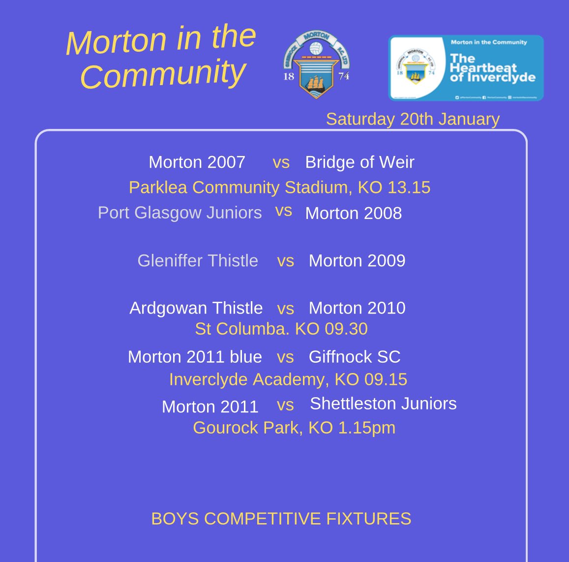 mitcteams's tweet photo. 2 local derbies, 3 west cup ties and 2011 side flying in 

Another big day of football for our boys teams!

Good luck to all

We also wish Danny and all the boys Port Glasgow juniors Community Sports Club 2010 all the best in the last 16 of the Scottish Cup today. https://t.co/98mRTGfu9Z