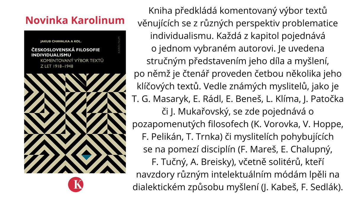 KarolinumBooks's tweet photo. Novinka @KarolinumPress  předkládá komentovaný výbor textů věnujících se z různých perspektiv problematice individualismu.
#dějiny #filosofie #myšlení https://t.co/mBfVdasMYt