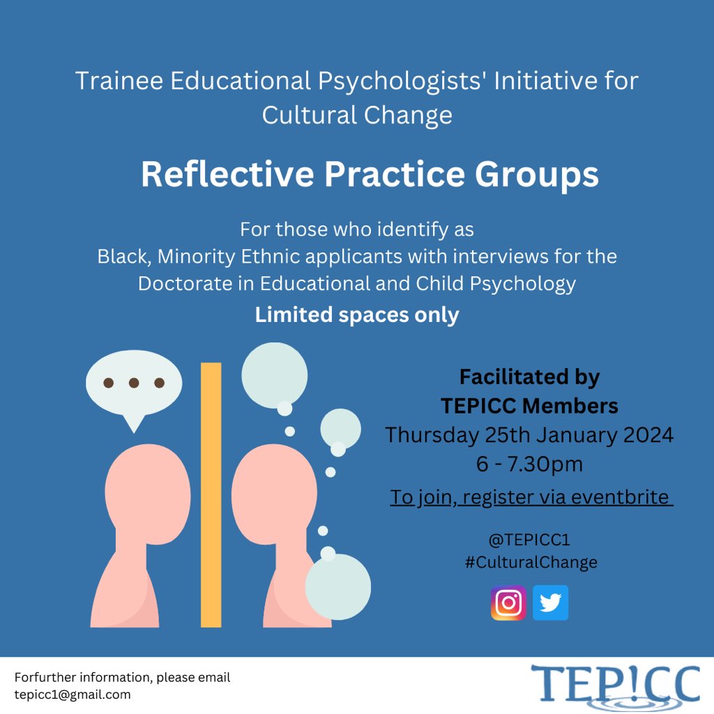 1/ TEPICC are excited to announce our annual reflective space for applicants from minoritised communities with interviews for the Doctorate in EdPsych 2024 Entry. It aims to be supportive and a reflective space for applicants who identify as Black, Asian or Minority Ethnic