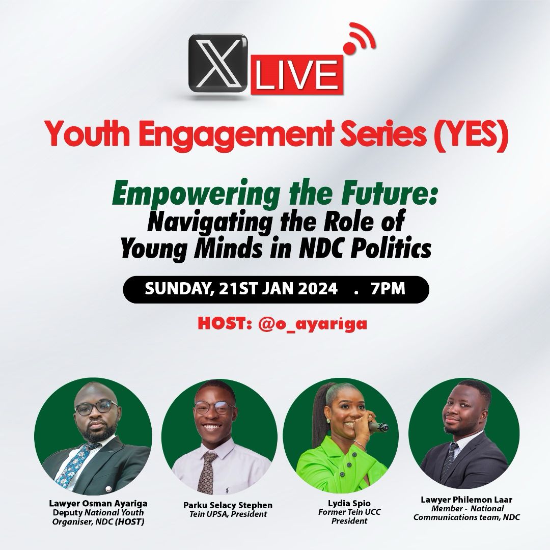 A Twitter Space on Navigating the Role of Young Minds in NDC. Join us as we explore the impact of young voices in shaping the NDC's agenda. Share your insights and let's envision a more inclusive and vibrant political landscape.
#YouthMatters  #Building_the_Ghana_we_want_together