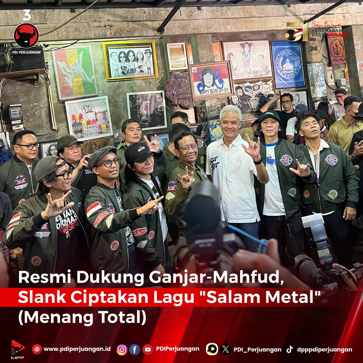 Grup band Slank resmi mendeklarasikan dukungan untuk pasangan capres-cawapres nomor urut 3, Ganjar Pranowo dan Mahfud Md di Pilpres 2024. Tak hanya itu, sebagai bentuk dukungan Slank juga menciptakan lagu untuk Ganjar-Mahfud dengan judul "Salam Metal" (Menang Total). Bimo