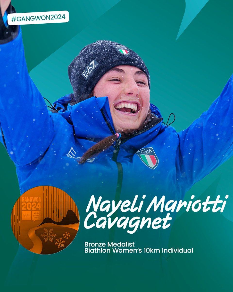 milanocortina26's tweet photo. 🇮🇹 🥉 BRONZE!
Nayeli Mariotti Cavagnet wins the bronze medal in the 10km individual biathlon!
👏 Well done!
#MilanoCortina2026 | #Olympics | #YOG | #Gangwon2024 | #Gen26 | #biathlon | #Italy | #20gennaio https://t.co/en4MfVvNOM