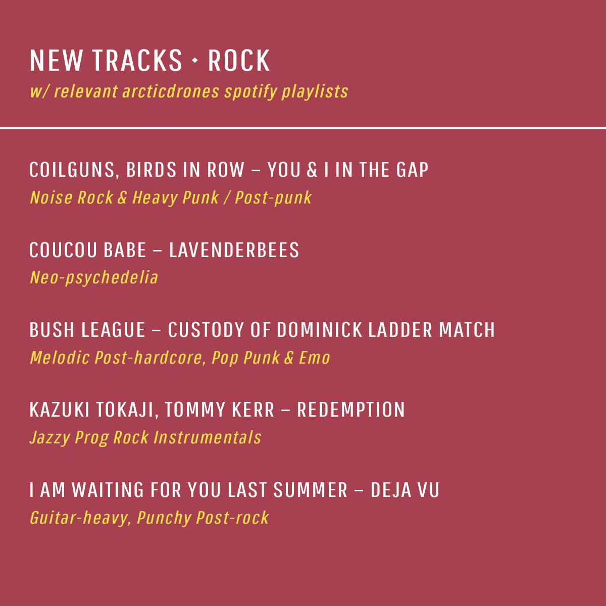NEW TRACKS [Rock] Recently released tracks across the rock music spectrum + relevant arcticdrones playlists where you can find them. ⬇ open.spotify.com/user/arcticdro… FFO / RIYL: #noiserock #punk #postpunk #neopsychedelia #poppunk #posthardcore #progressiverock #postrock