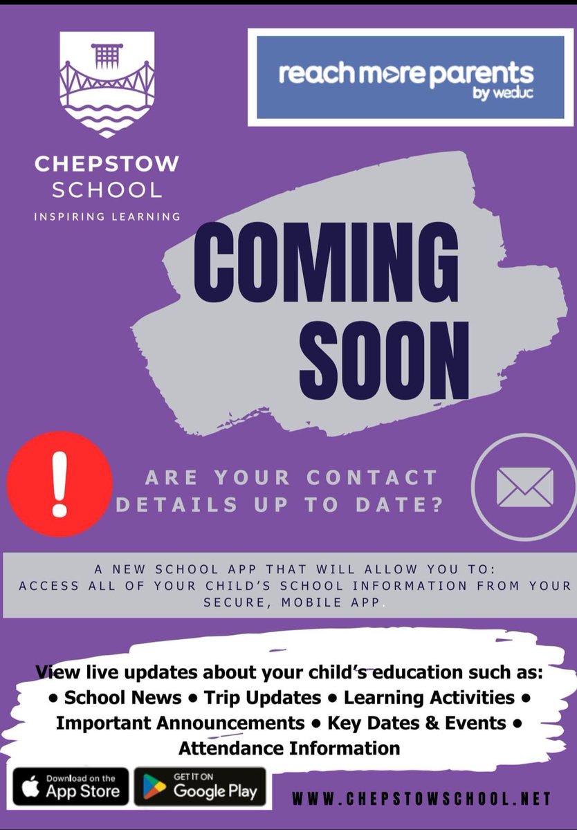chepstowschool's tweet photo. Important information!

Our NEW home school communication app has been rolled out to parents/carers of Year 9 and Post 16.

The app is available for download. Search for "Chepstow School" to download. It can also be accessed via a web browser at https://t.co/6JieIEkq8d. https://t.co/WhJVZGvZbr