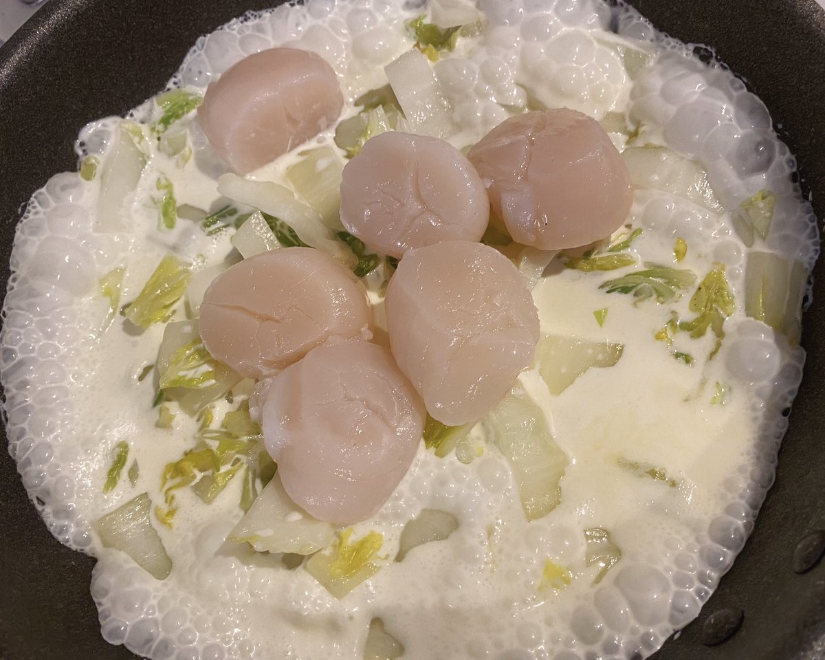 akari_hasegawa's tweet photo. 寒い夜の小さなごちそう、ホタテと白菜のレモンクリーム煮。白菜をさっと炒めたら、白ワインを加えてアルコールを飛ばし、生クリームと刺身用ホタテを加えてさっと蒸し煮して完成。とろける白菜と半生に仕上げたしっとりホタテ、なんて贅沢…！わたしはいつもふるさと納税のホタテ刺身でつくります。 https://t.co/au4uY3kwr5