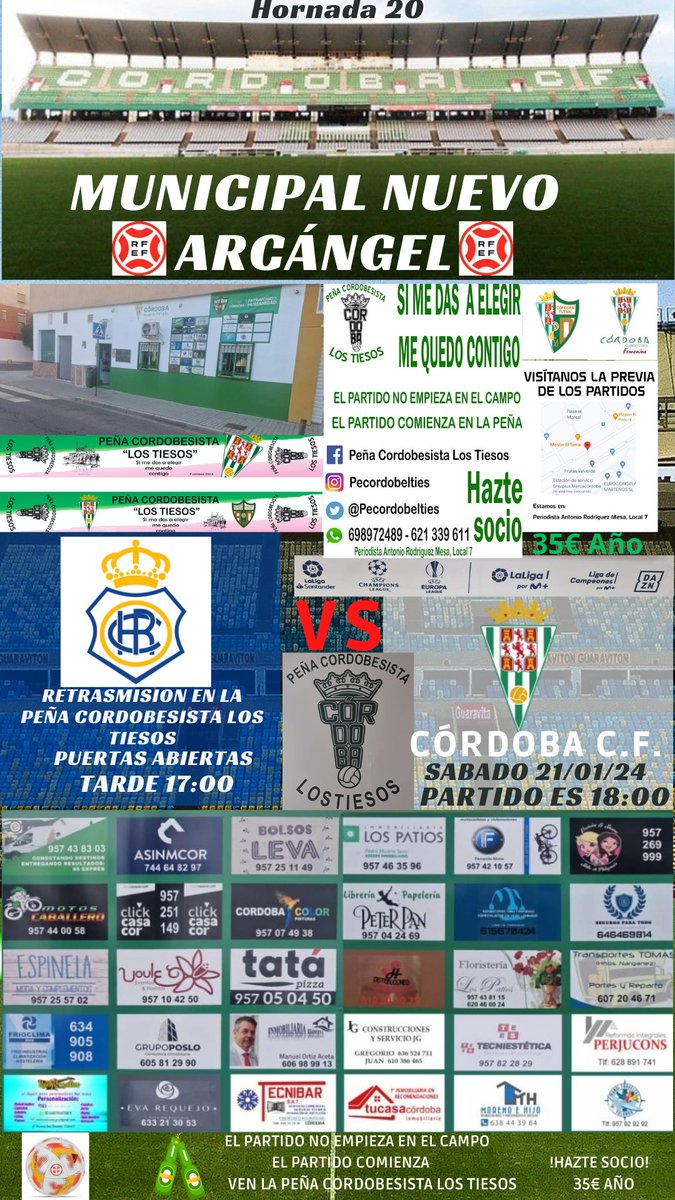 RETRANSMISIÓN EN LA #PeñaCordobesistaLosTiesos

 partido de Real Club Recreativo de Huelva=Córdoba CFa 
#peñacordobesistalostiesos, SOCIOS y vecinos y  aficionado de #cordobesismo🤍💚.

ESPERAMOS CON NOSOTROS EN LA  PEÑA CORDOBESISTA LOS TIESOS.