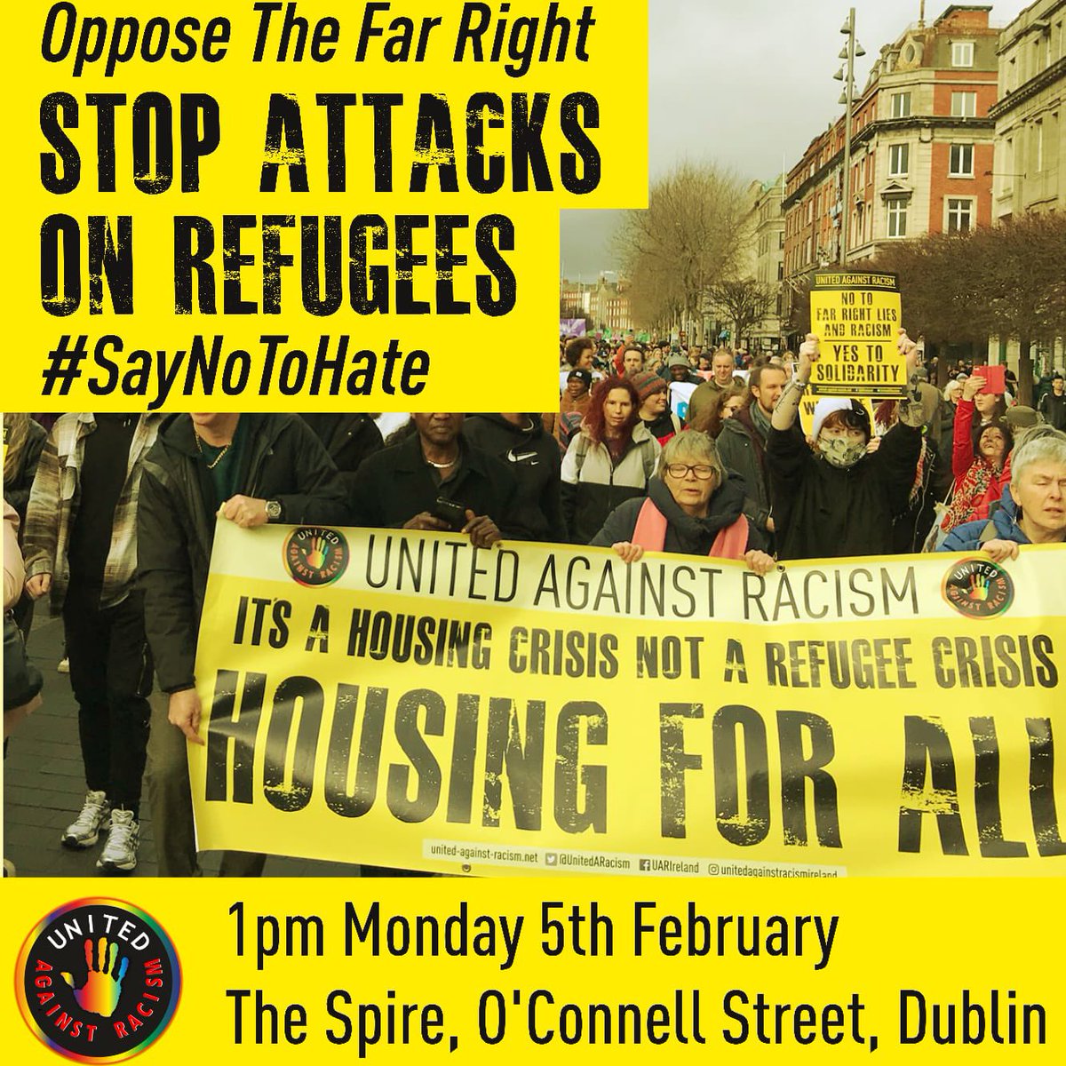 🗓 Monday 5 February ⏰ 1PM 📍 The Spire, O’Connell St, Dublin City Centre #StopAttacksOnRefugees #Solidarity #Unity #NoToRacism facebook.com/share/JyCJUbnU…