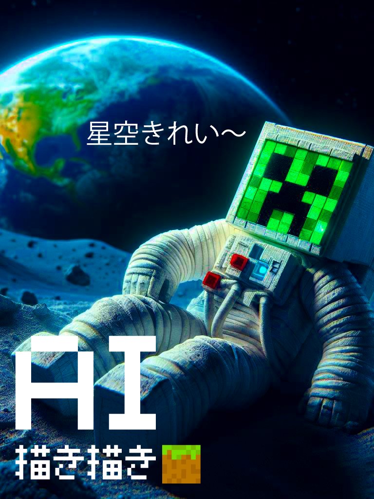 WhenPigsFlyPlay's tweet photo. 月に着いてちょっと休憩してるクリーパー。月からは星がもっと見えるのでしょうか？
マイクラの月から地球を見てみたいです。

ぽぽ
#マイクラ #DALLE #DALLE3 #StableDiffusion #AI #ChatGPT https://t.co/TkgYrMlqKm