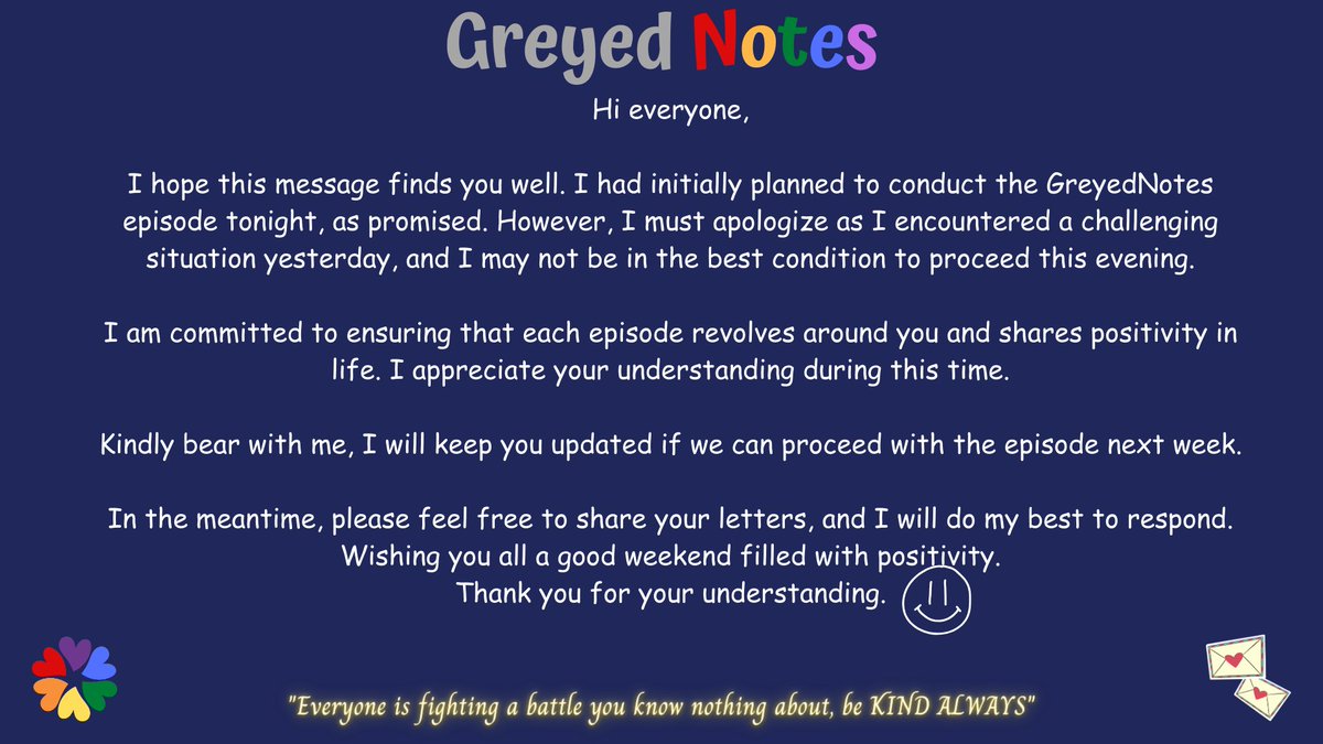 greyedrainbow's tweet image. Facing unexpected challenges, I won&apos;t be able to host GreyedNotes episode tonight. Your stories and positivity matter, so share your letters, and we&apos;ll pick up next episode. Thanks for your understanding. 🌈✉️ #greyednotes #inspiredbyfreenbecky #beckysangels #srchafreen