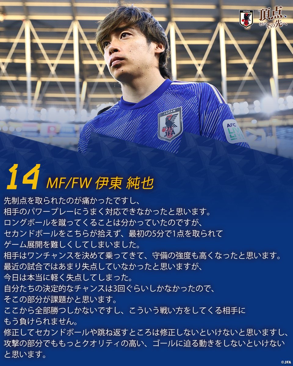 jfa_samuraiblue's tweet photo. 🔹𝗦𝗔𝗠𝗨𝗥𝗔𝗜 𝗕𝗟𝗨𝗘🔹
【2024.1.19 試合後コメント✍️】

14 MF/FW #伊東純也 

🔽その他の選手コメントはこちら
https://t.co/LpUZrC8E3v

⚔️NEXT MATCH⚔️
🏆AFC アジアカップ カタール 2023
⚔️グループステージ第3節
🗓️1.24(水)⌚️20:30(🇯🇵)
🆚インドネシア代表🇮🇩
🏟Al Thumama Stadium (カタール)
📱#DAZN 
🔗https://t.co/BfzuLjuJDY

#頂点そしてその先へ
#夢への勇気を #SAMURAIBLUE
#jfa #daihyo #サッカー日本代表
#AsianCup2023 #アジアカップ2023