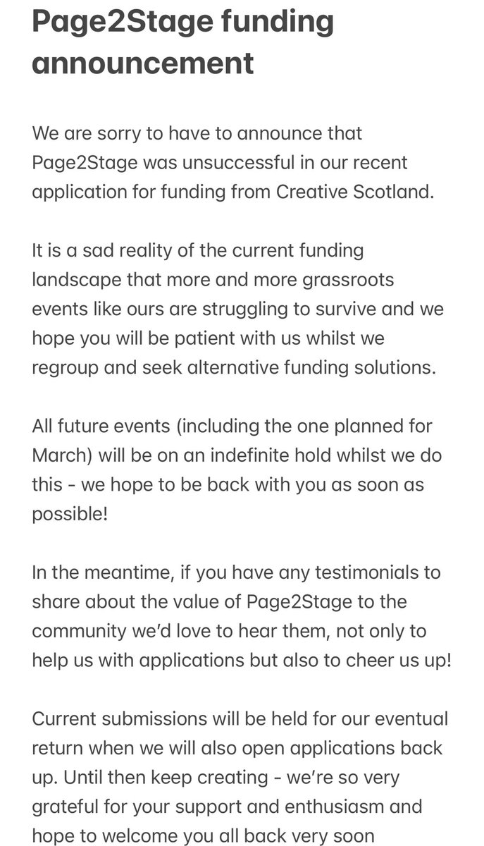 Page2stageE's tweet photo. We are sorry to have to announce that Page2Stage was unsuccessful in our recent application for funding from @CreativeScots. https://t.co/YWQRO50QMQ
