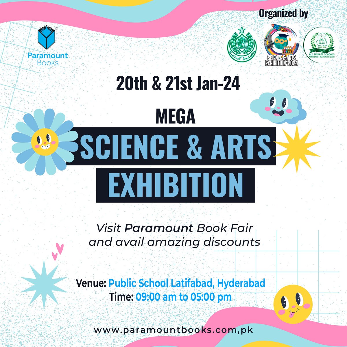 '🚀✨ Explore the wonders of science and the beauty of arts at the Paramount Book Fair! 📚🎨

Venue: Public School Latifabad, Hyderabad
Time: 9:00 am to 5:00 pm

#ParamountBookFair #ScienceandArtsExhibition #HyderabadEvents #BookFair #BookFairLovers #BookFiesta