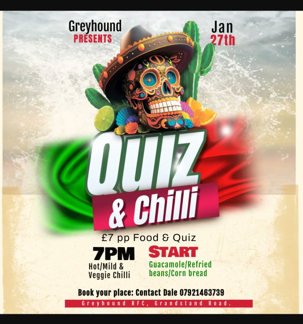 Sat 27th 7pm..
Quiz and Chilli night.
Book your plate and join us...
£7 per person food and quiz