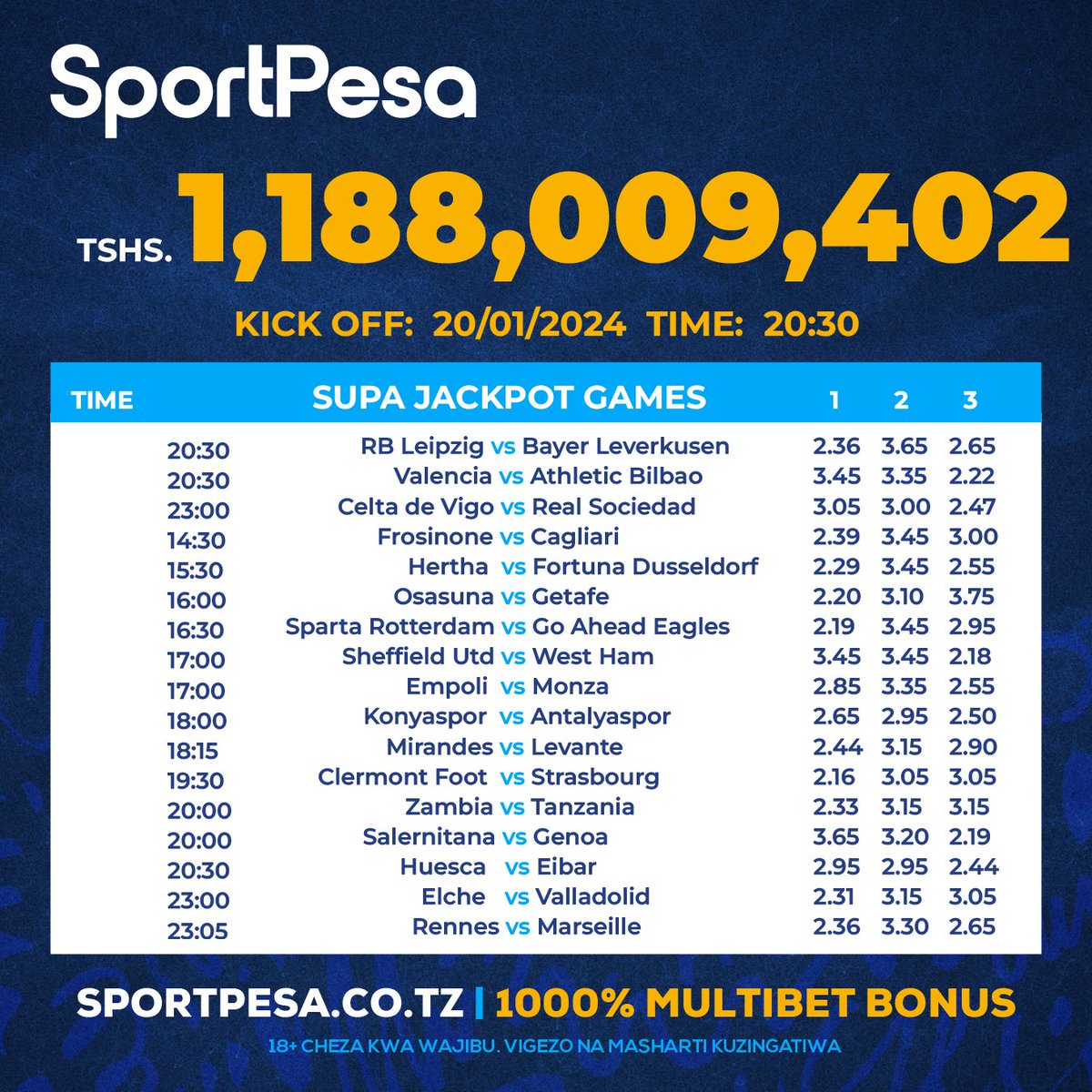 Zee la Vyeti (PhD) (@babalao__) on Twitter photo Nini Kinafanya wengi Wapende kucheza SUPA JACKPOT YA <a href="/TZSportPesa/">SportPesa Tanzania</a> ??
1. Mechi zipo 17 unacheza kwa BUKU tu unaweza cheza mechi zote 17 au kucheza 13, 14,15 au 16
2. Mechi 17, Tsh 1,188,009,402 Bonus mechi 12,13,14,15,16
3-Mechi 16, Tsh 821, 459, 867 Bonus mechi 11,12,13,14 na Nini Kinafanya wengi Wapende kucheza SUPA JACKPOT YA <a href="/TZSportPesa/">SportPesa Tanzania</a> ??
1. Mechi zipo 17 unacheza kwa BUKU tu unaweza cheza mechi zote 17 au kucheza 13, 14,15 au 16
2. Mechi 17, Tsh 1,188,009,402 Bonus mechi 12,13,14,15,16
3-Mechi 16, Tsh 821, 459, 867 Bonus mechi 11,12,13,14 na