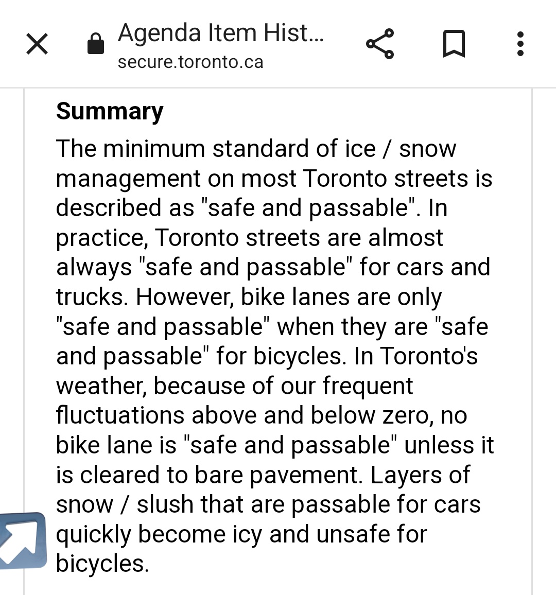 Roads cleared to the pavement, but a sheet of ice in a major 🚲 lane. This is why <a href="/DianneSaxe/">Dianne Saxe - Toronto City Council Ward 11, UR</a> 's motion to improve the standards of winter bike lane clearance is so important. Will go before council Feb 6

secure.toronto.ca/council/agenda…