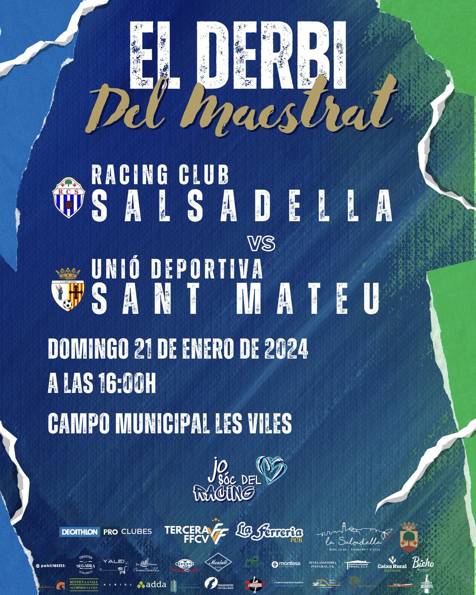 @rcsalsadella 🆚 <a href="/udsantmateu/">U.D. Sant Mateu</a> 
🗓 21/01/2024
⌚️ 16:00h
🏟 Camp Municipal #LesViles
🏆 𝗟𝗟𝗜𝗚𝗔 𝗗𝗘 𝗧𝗘𝗥𝗖𝗘𝗥𝗔 𝗙𝗙𝗖𝗩 𝗚𝗥𝗨𝗣 𝟭
✖️ 𝗝𝗼𝗿𝗻𝗮𝗱𝗮 𝟭𝟱

⚔️ #ElDerbiDelMaestrat 

#SomosRacing #SomosBlanquiazules #SomosSalzadella #josocdelracing #TerceraFFCV <a href="/FFCV_info/">FFCV</a>