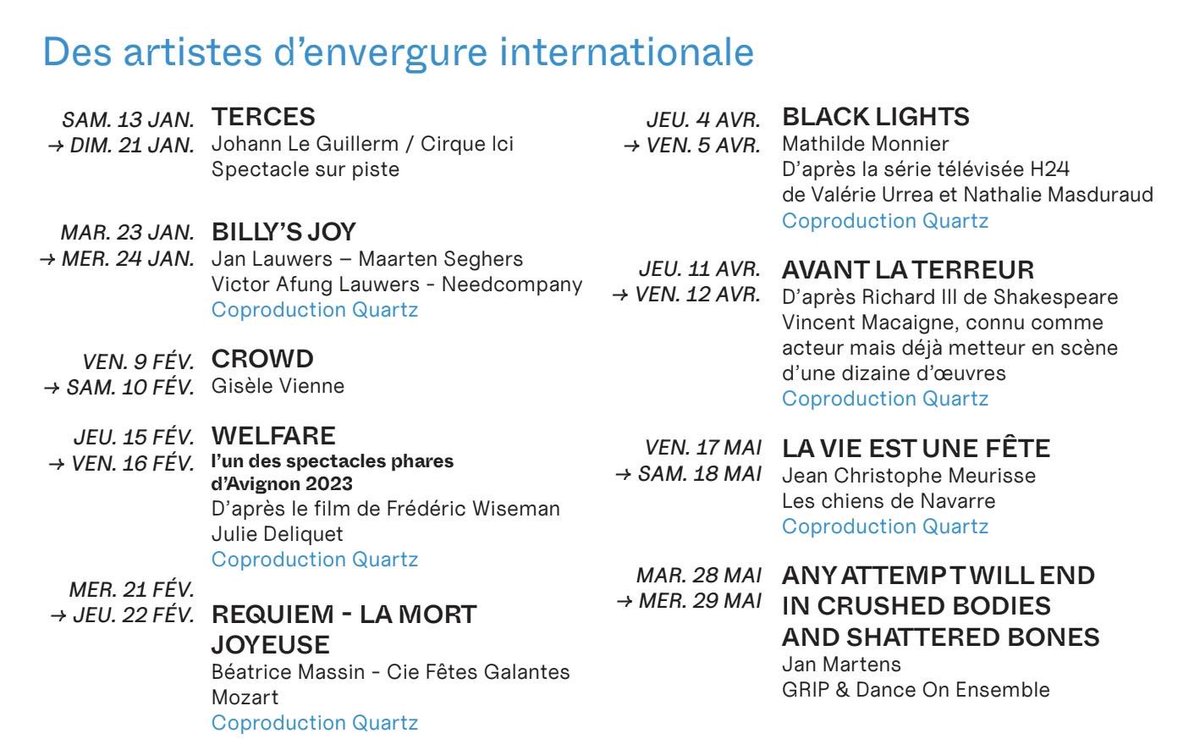 🚨 Les grands rendez-vous 2⃣0⃣2⃣4⃣ ➡ Des artistes d'envergure internationale Proposer et rendre accessible une programmation pluridisciplinaire d’envergure nationale voire internationale constitue la partie visible de notre activité. Demandez le programme ! #LeQuartz2024