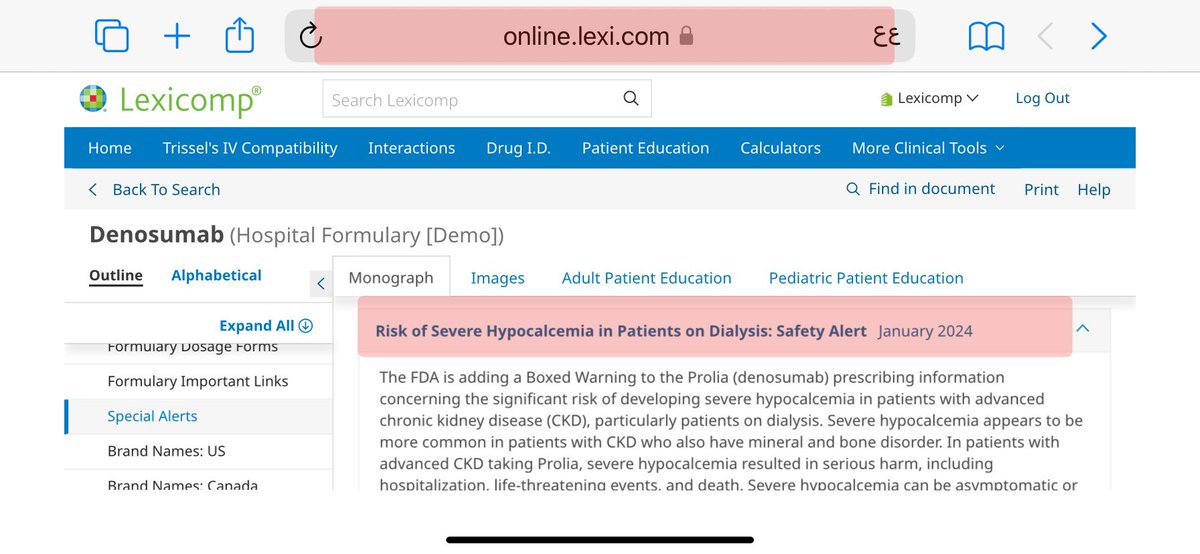 MALSWAR's tweet photo. #معلومه
اصدرت إدارة الغذاء والدواء الأمريكية
Boxed Warning #FDA تشير إلى أن دواء هشاشة العظام #Prolia
(#denosumab) يشكل خطرًا متزايدًا لنقص hypocalcemia (مستويات منخفضة للغاية من الكالسيوم في الدم) لدى المرضى الذين يعانون من مرض الكلى المزمن المتقدم (CKD)، وخاصة أولئك الذين يخضعون لغسيل الكلى. ويرتفع هذا الخطر بشكل خاص في المرضى الذين يعانون من مرض الكلى المزمن وحالة ذات صلة تعرف باسم اضطراب المعادن والعظام (CKD-MBD).
من الضروري أن يكون واصفوا الدواء على دراية بهذا التحذير الجديد وأن يراقبوا مستويات الكالسيوم في الدم لدى المرضى الذين يتلقون بروليا، وخاصة أولئك الذين يعانون من مرض الكلى المزمن المتقدم أو الذين يخضعون لغسيل الكلى، لمنع هذه المخاطر الشديدة أو التخفيف منها.