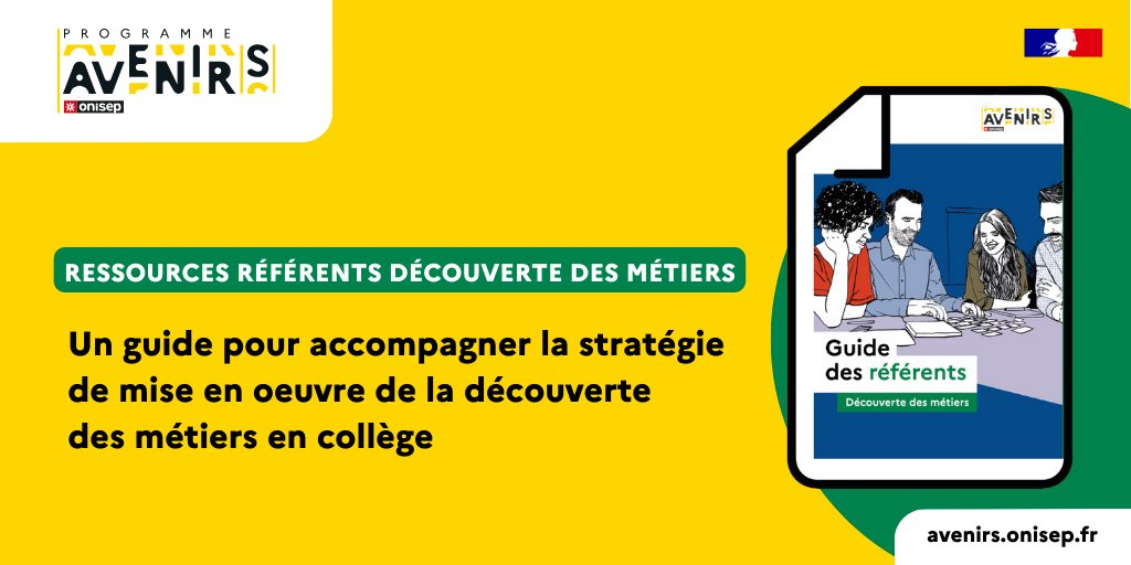 #Avenirs➡️Référents #découvertedesmétiers #collège, l'onisep vous propose un guide recensant ressources, activités péda qui favorisent les rencontres avec le monde pro et visent à enrichir les représentations que les élèves ont des #métiers
👉ow.ly/reGp50Qs4Ga #orientation