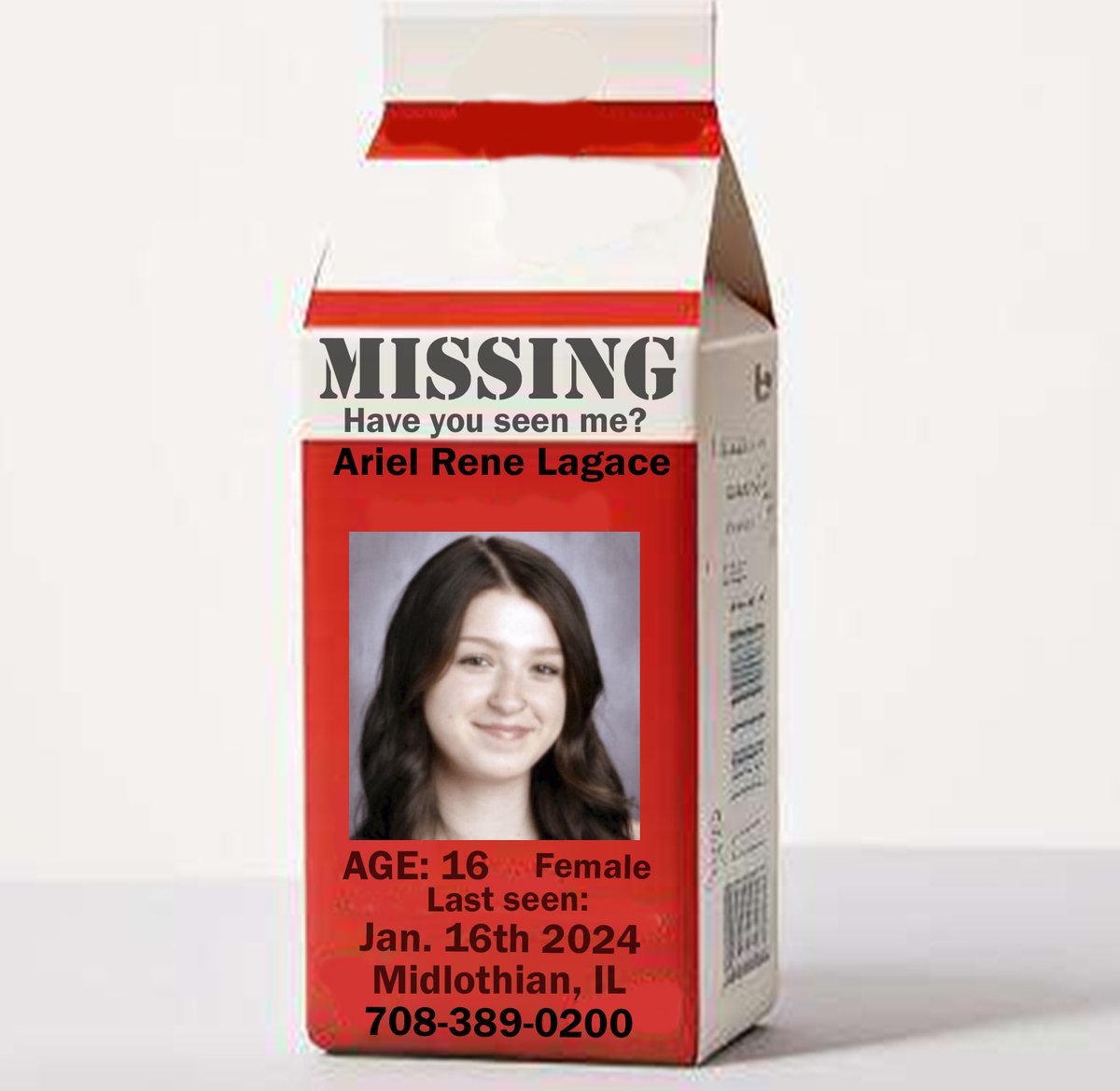 P_MilkCarton's tweet image. 🚨🚨🚨 MISSING CHILD 🚨🚨🚨

Ariel Rene Lagace
Age: 16
Missing Since: 01/18/24
#Midlothian, #Illinois 

Ariel may still be in the local area, or she may travel to Chicago, Illinois.

Please Call If You Have Information:

Midlothian Police Department 
1-708-389-0200…