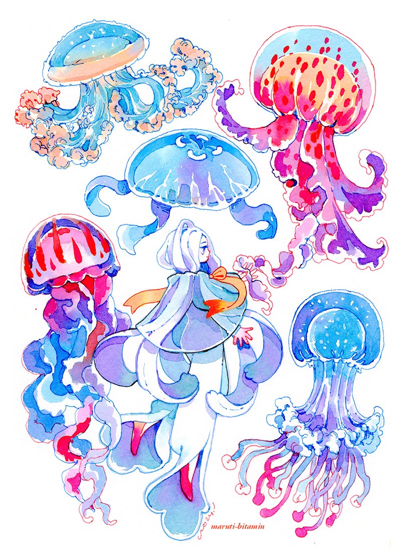 jellyfish 1girl white background white hair traditional media simple background artist name  illustration images