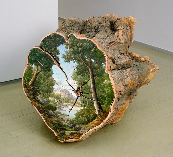 Landscapes painted on the surfaces of cut logs by US artist Alison Moritsugu #WomensArt