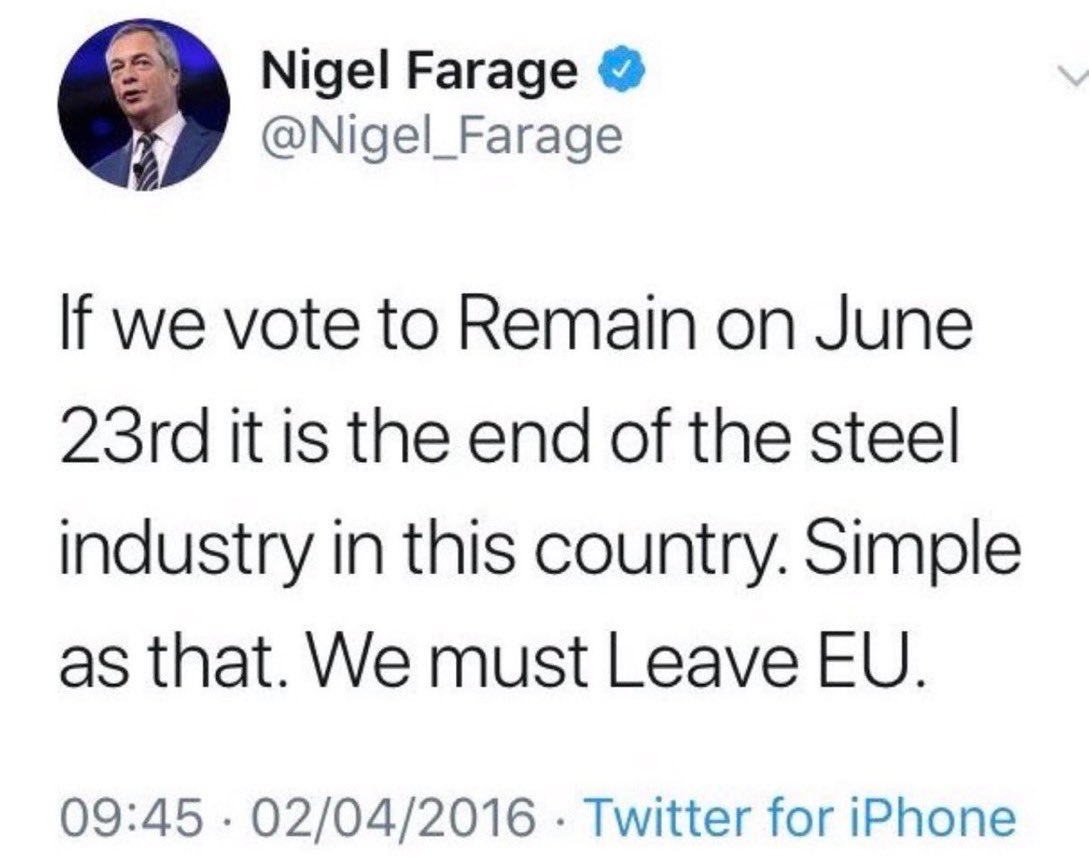I’m old enough to remember when we were told that we needed to vote for Brexit to save the steel industry in Britain. How did that one work out?