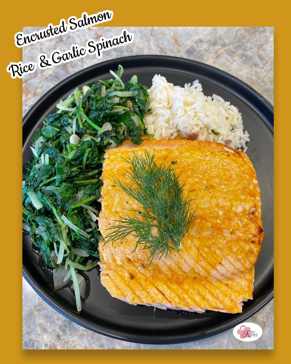 Feast your eyes on this gorgeous encrusted salmon with fluffy rice and garlicky spinach! 😍 It's a flavor explosion that will have you coming back for seconds. Who's ready to dig in? 🍽️ 

#simplychefrenee #FoodieFaves #SalmonSensation #DeliciousDinner  #seafoodheaven #seafood