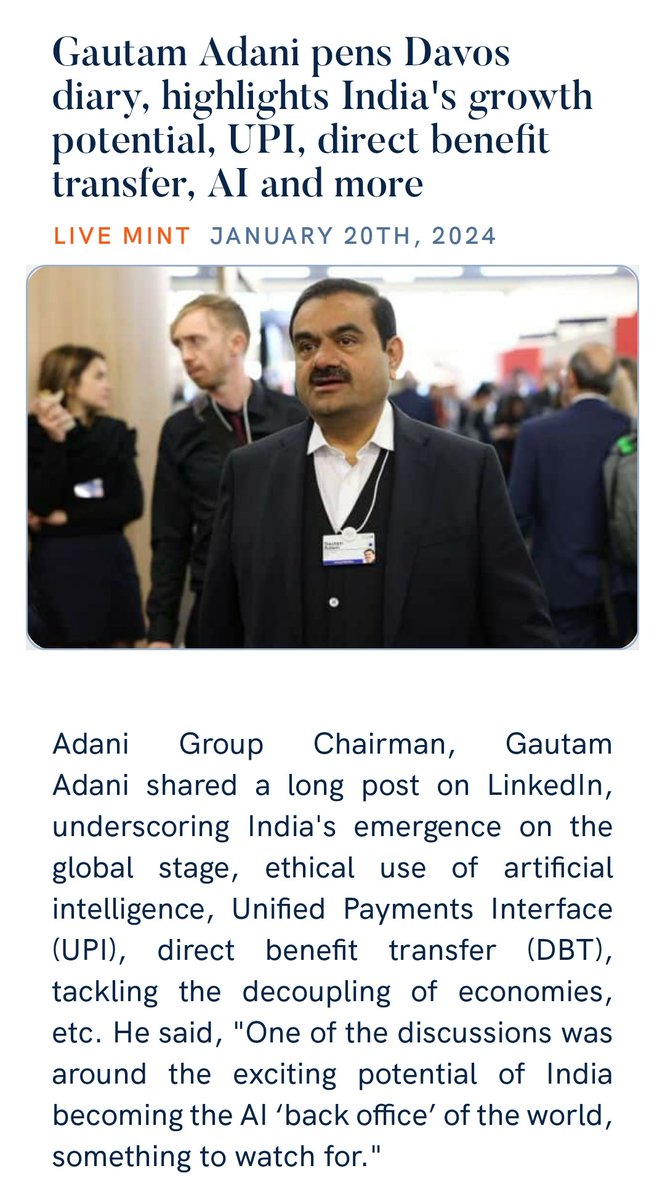 Gautam Adani pens Davos diary, highlights India's growth potential, UPI, direct benefit transfer, AI and more livemint.com/companies/peop… via NaMo App