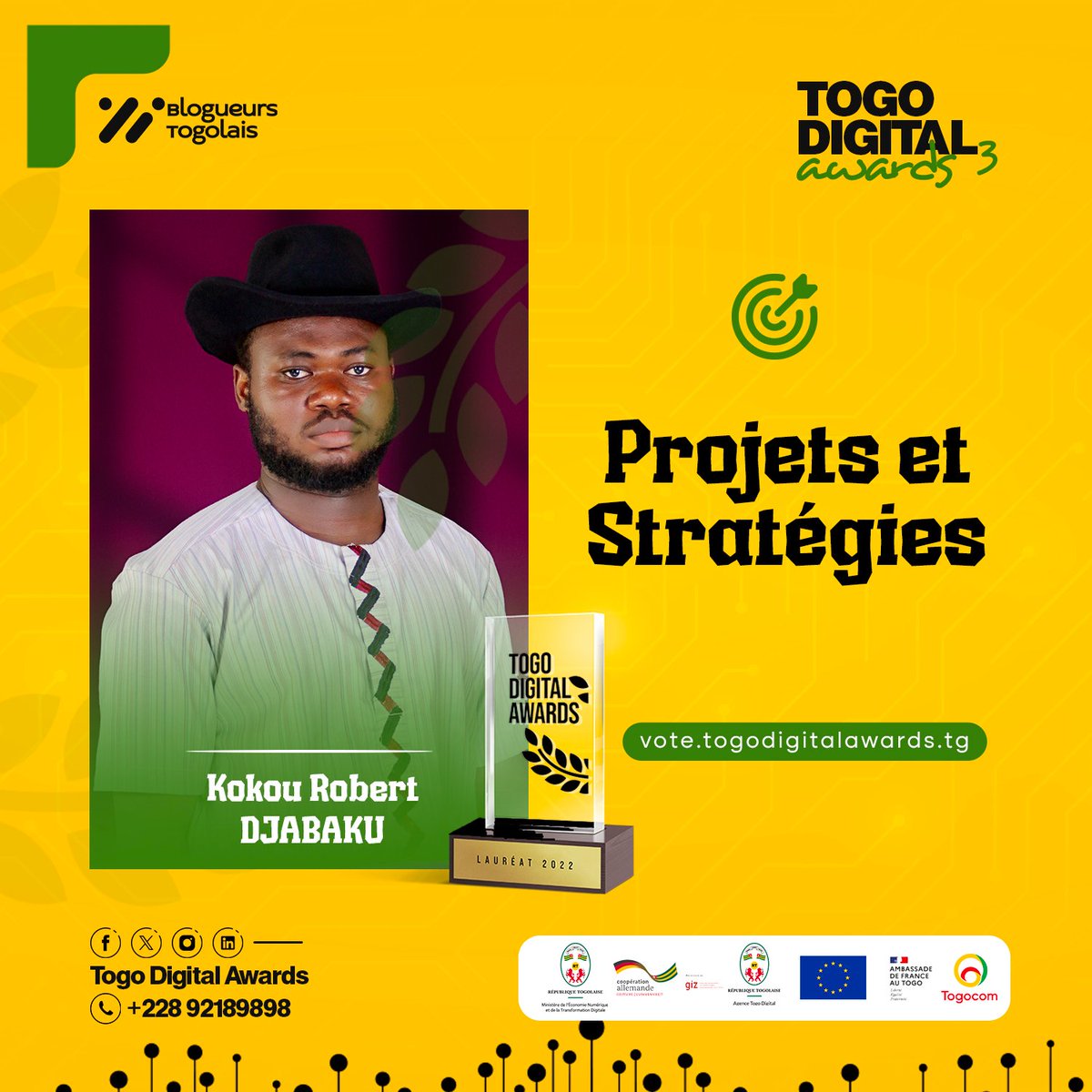 TGdigitalawards's tweet photo. Jusqu’au 28 janvier, choisis ton candidat favori dans la catégorie "projets et stratégies" sur https://t.co/MPW6jQcW3a

NB: Vote par SMS gratuit. Vote par WhatsApp gratuit également. Chaque participant n’a droit qu’à un vote par catégorie.

#TDA2022 https://t.co/jGRkxNPQ7K