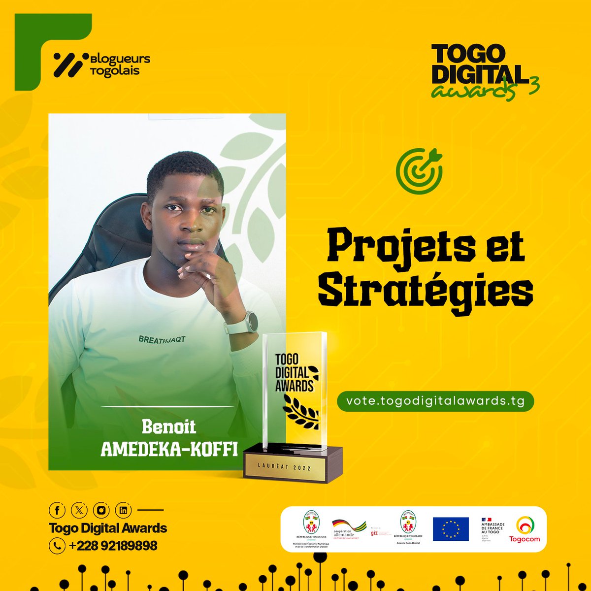 TGdigitalawards's tweet photo. Jusqu’au 28 janvier, choisis ton candidat favori dans la catégorie "projets et stratégies" sur https://t.co/MPW6jQcW3a

NB: Vote par SMS gratuit. Vote par WhatsApp gratuit également. Chaque participant n’a droit qu’à un vote par catégorie.

#TDA2022 https://t.co/jGRkxNPQ7K