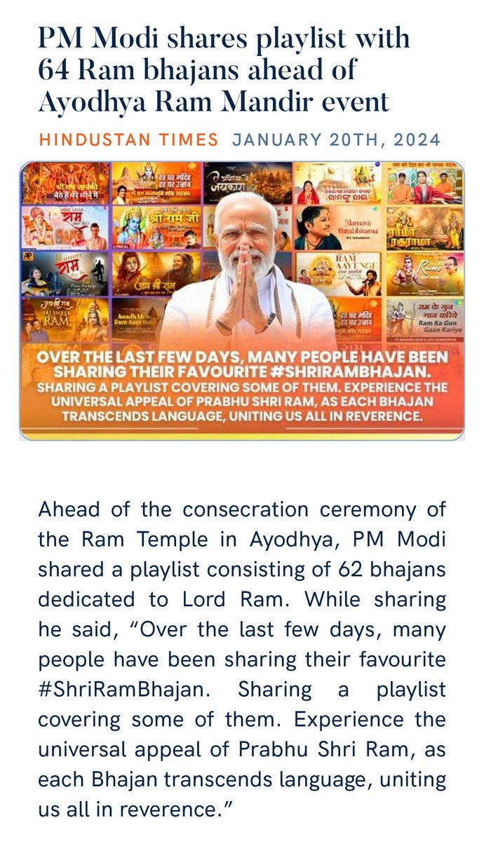 PM Modi shares playlist with 64 Ram bhajans ahead of Ayodhya Ram Mandir event
hindustantimes.com/india-news/pm-… via NaMo App