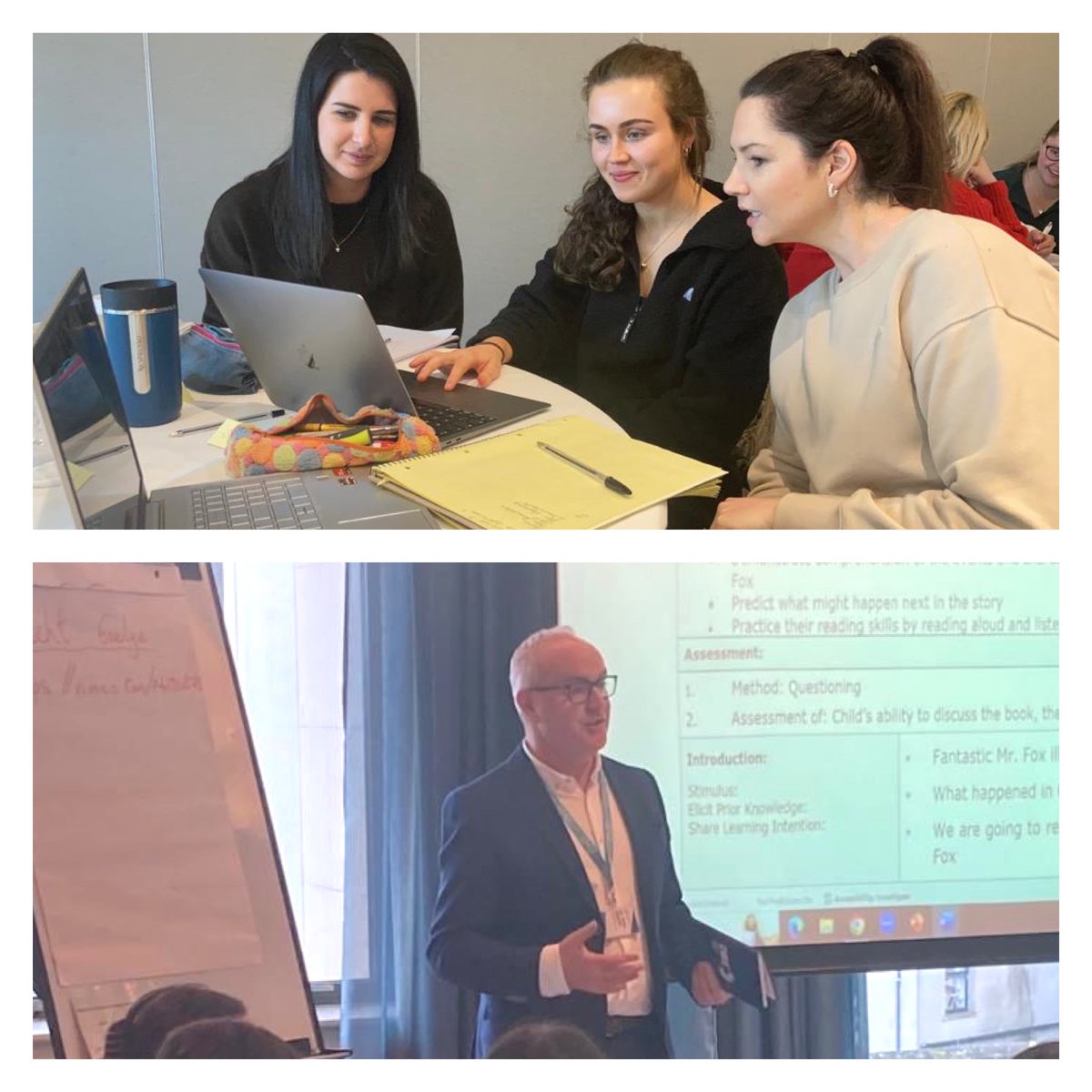 HiberniaCollege's tweet photo. PME in Primary Education Autumn 22 student teachers meeting Programme Director Dr John Mescal and actively engaging in a group activity during their Advanced School Placement face to face day in Athlone, with John Gordon, lecturer in education. #Engagement https://t.co/V1pRXYKIsc