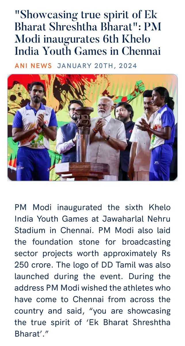 'Showcasing true spirit of Ek Bharat Shreshtha Bharat': PM Modi inaugurates 6th Khelo India Youth Games in Chennai aninews.in/news/sports/ot… via NaMo App