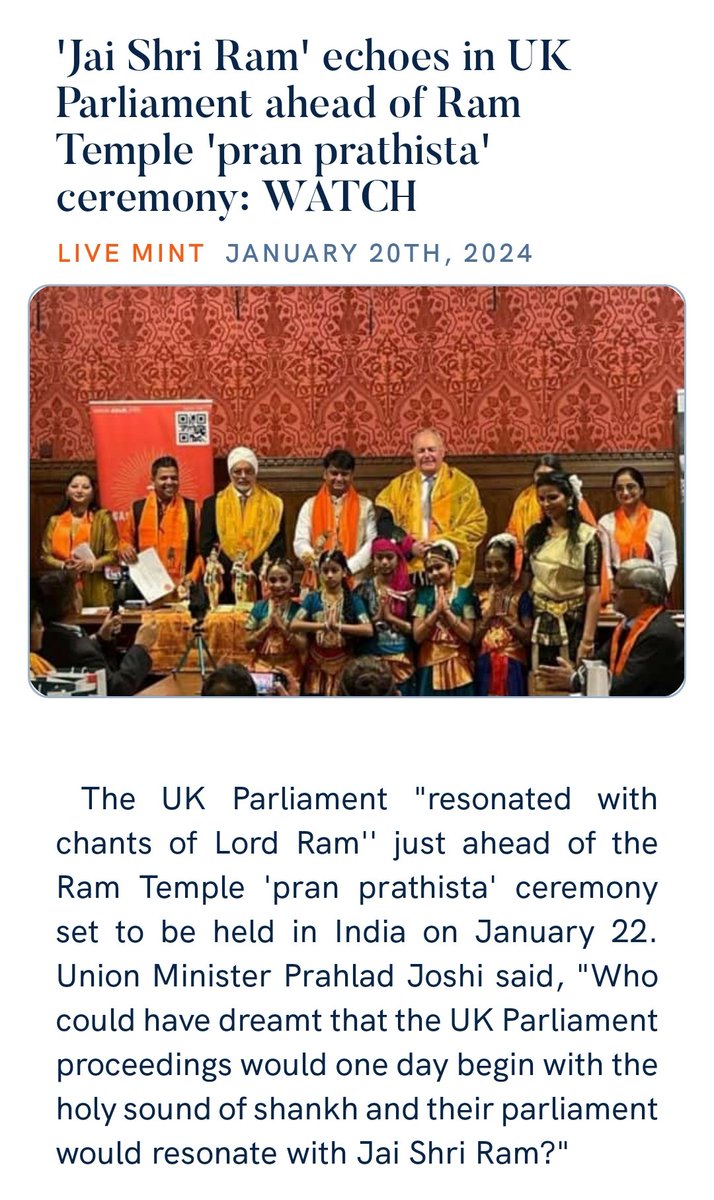 'Jai Shri Ram' echoes in UK Parliament ahead of Ram Temple 'pran prathista' ceremony: WATCH
livemint.com/news/world/uk-… via NaMo App