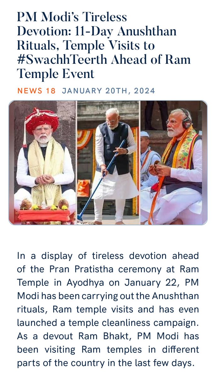 PM Modi’s Tireless Devotion: 11-Day Anushthan Rituals, Temple Visits to #SwachhTeerth Ahead of Ram Temple Event
news18.com/india/pm-modis… via NaMo App