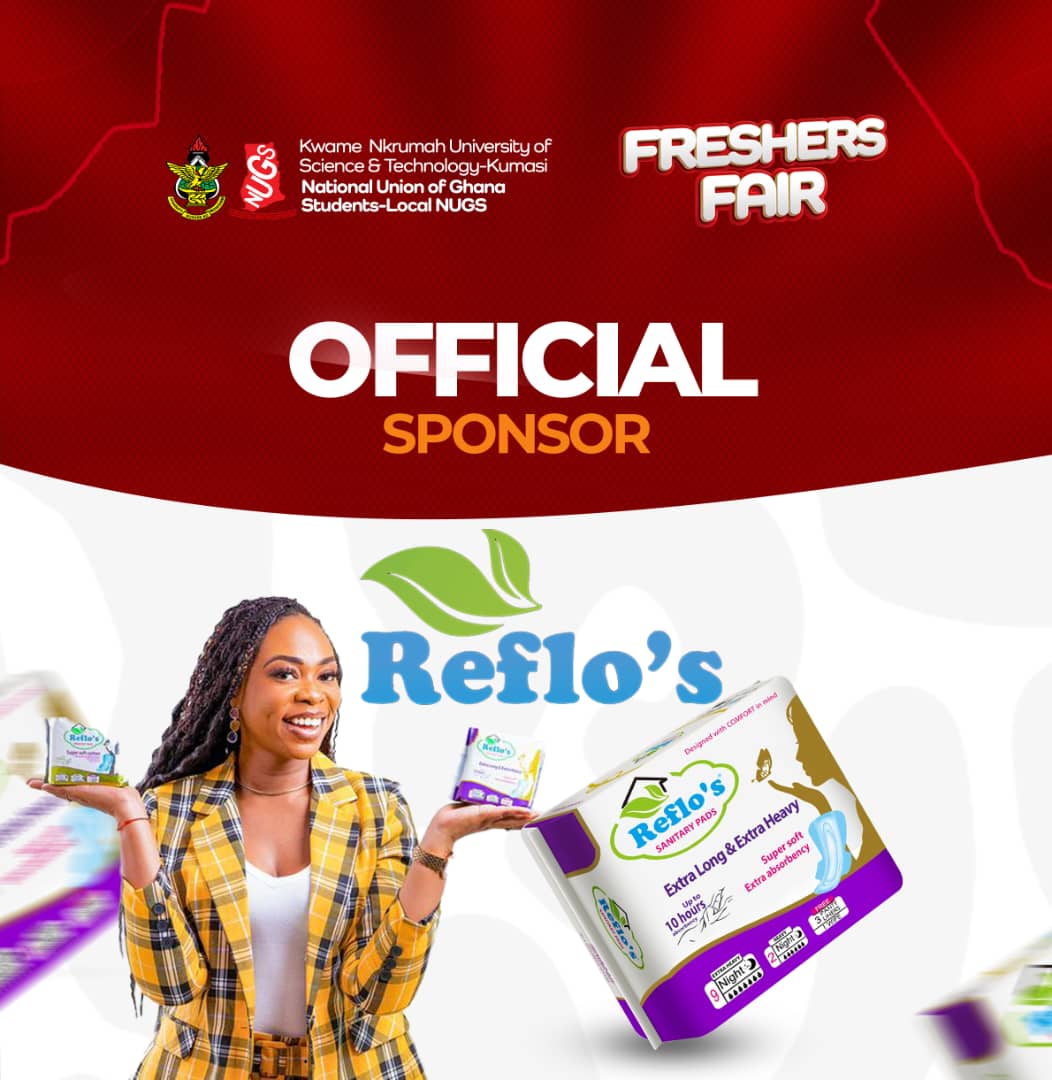 Official Sponsor For Freshers Fair.
Reflo's Sanitary Pad;  Extra long and Extra Heavy.  Ladies your wellbeing is their priority! 

#KNUSTFreshersFair
#PartyInThePark