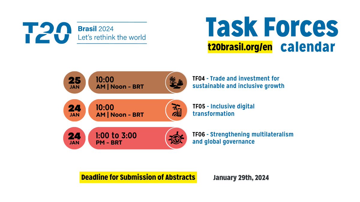 🗓️📝 Attention, Task Force Leaders and Members

Deadline for Submission of Abstracts: January 29th, 2024

Visit our website - T20BRASIL.ORG/EN

#Think20 #T20 #CEBRI #IPEA #FUNAG #Brasil