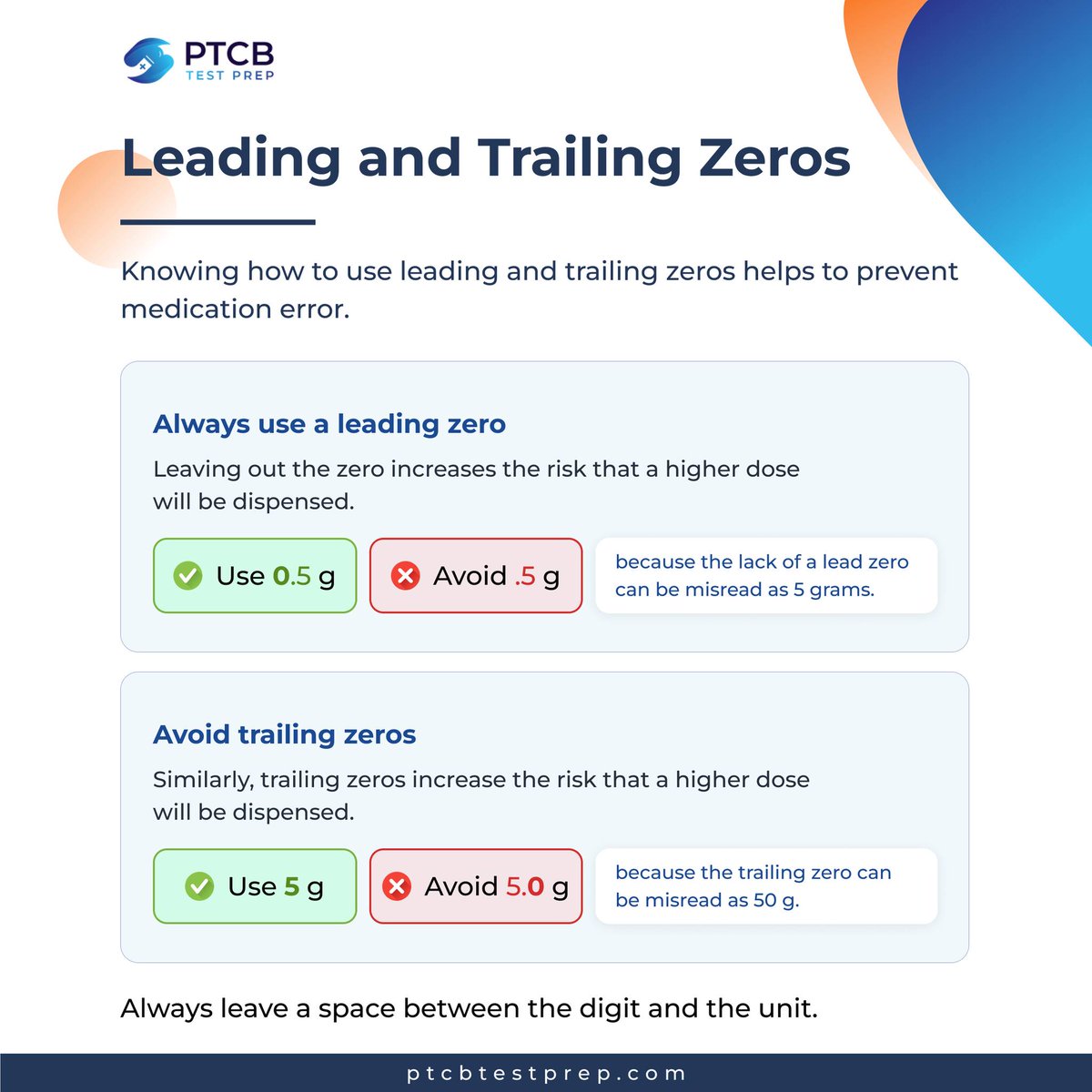 💊Medication Error Prevention Strategy.

By using leading zeros and avoiding trailing zeros, it prevents dose misreading - ensuring that the patient receives the correct dose of the medicine.

#ptcbtestprep #medicationsafety #PTCB #ptcbexam #ptcbtest #pharmacytechnician