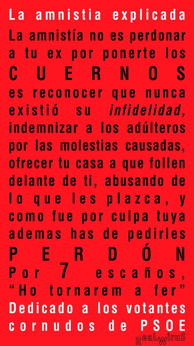 williamvbarber's tweet photo. La amnistia explicada
#AmnistiaNO #amnistía #AmnistíaNo #PedroSanchezTraidor #Abuso #Autocracy #comunismo #Corruption #DerechosHumanos #DESASTRE #DESTRUCTION #Dictadura #Espana #PSOE #TIRANO #Mentiroso #ignorance #Indignacion #manipulation #chaquetero #Espananosevende #Populismo https://t.co/He4QFctffv
