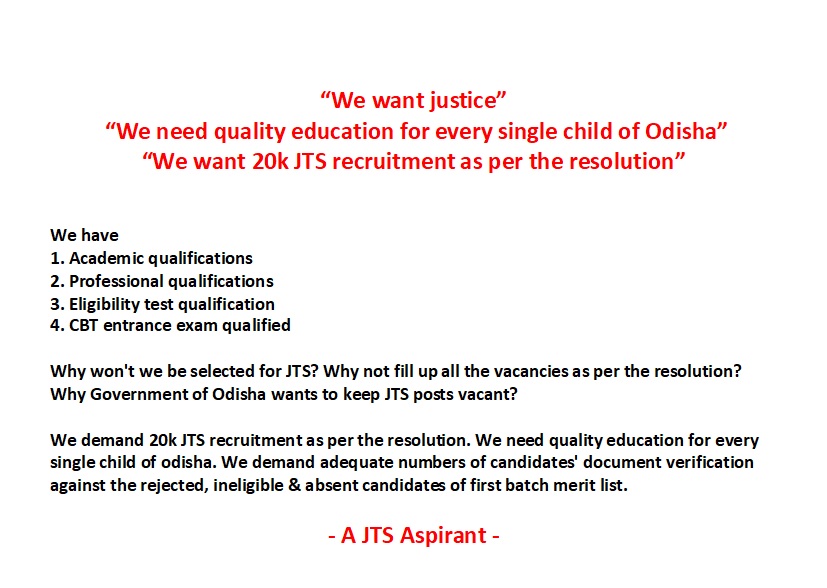 BeheraSam's tweet photo. “We want justice”
“We need quality education for every single child of Odisha”
“We want 20k JTS recruitment as per the resolution” @CMO_Odisha @Naveen_Odisha @OSEPA_Official @dpradhanbjp @GovernorOdisha @SMEOdisha @EduMinOfIndia @otvnews @kanak_news @PMOIndia https://t.co/4WQzeeLRaL